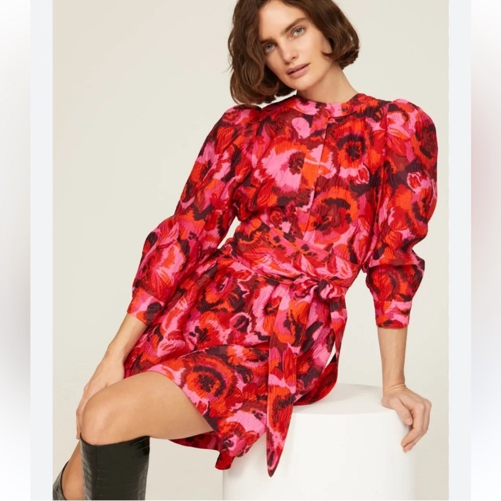 Essentiel Antwerp Carma Floral Tie Belt Dress Pink Red Size Small Like New